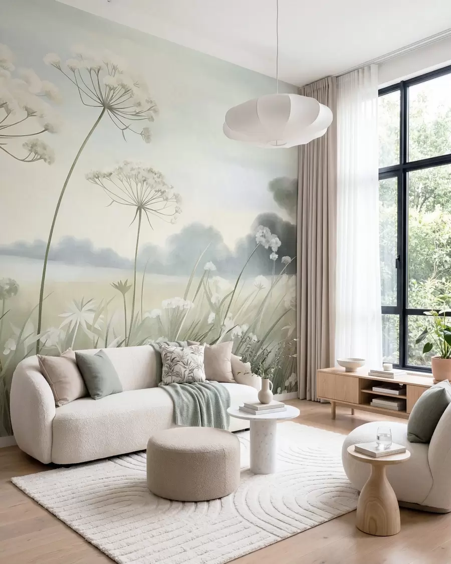 wall murals Пејзаж са дивљим цвећем и високим травама у пољу, пригушене боје, текстуриран w10032