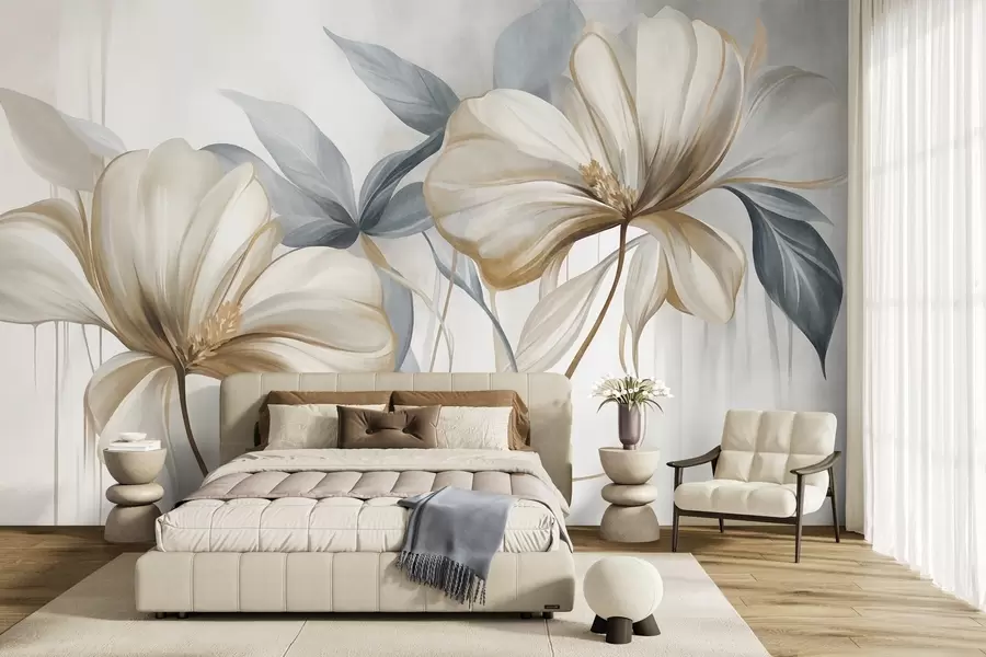wall murals Апстрактни нежни цветови са танким, смеђим стабљикама и пригушеним плавим листовима, текстурирани w10058