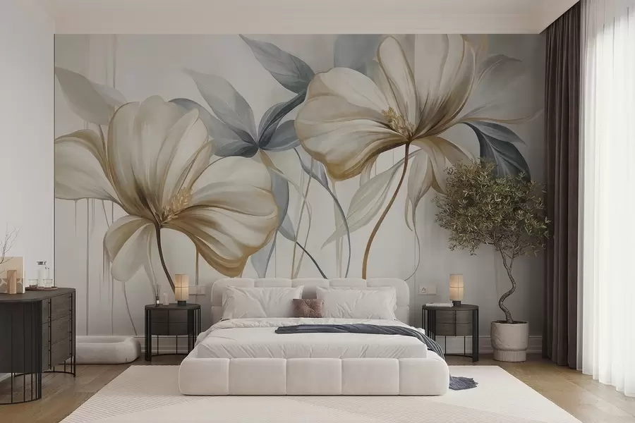 wall murals Апстрактни нежни цветови са танким, смеђим стабљикама и пригушеним плавим листовима, текстурирани w10058