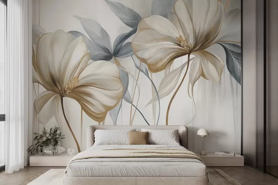 wall murals Апстрактни нежни цветови са танким, смеђим стабљикама и пригушеним плавим листовима, текстурирани w10058