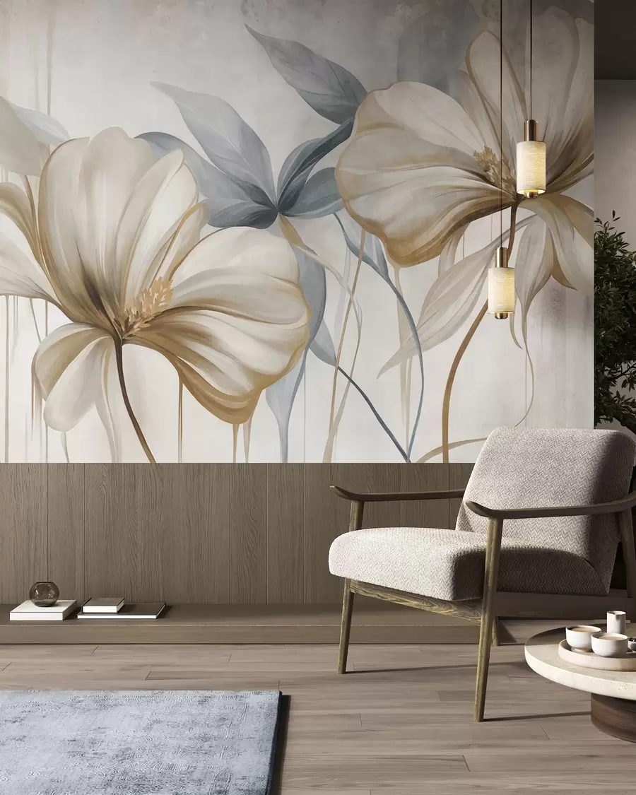 wall murals Апстрактни нежни цветови са танким, смеђим стабљикама и пригушеним плавим листовима, текстурирани w10058