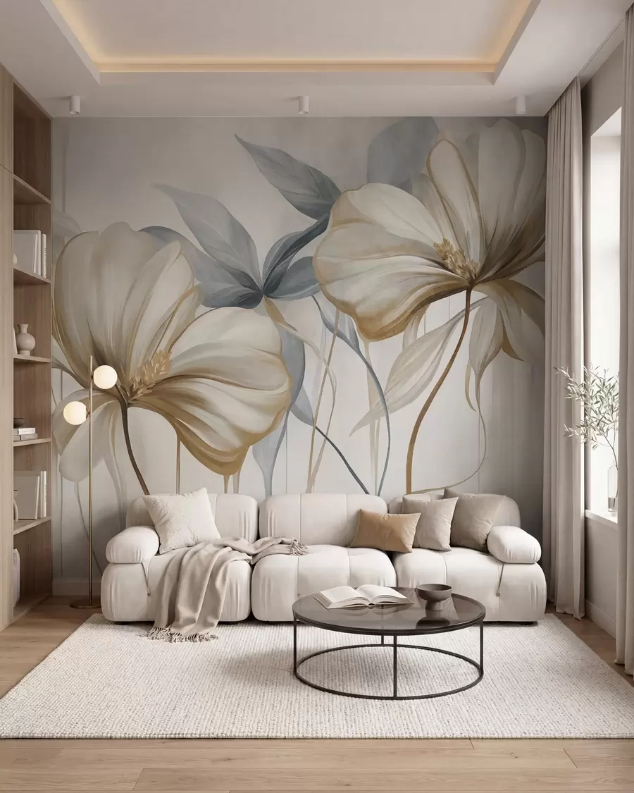 wall murals Апстрактни нежни цветови са танким, смеђим стабљикама и пригушеним плавим листовима, текстурирани w10058