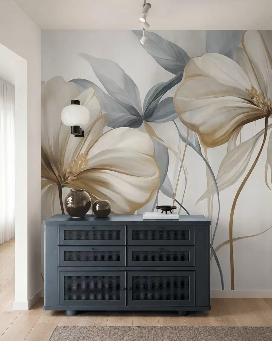 wall murals Апстрактни нежни цветови са танким, смеђим стабљикама и пригушеним плавим листовима, текстурирани w10058