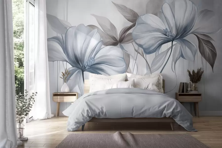 wall murals Апстрактни нежни цветови са танким, плавим стабљикама и пригушеним листовима, текстурирани w10058v1