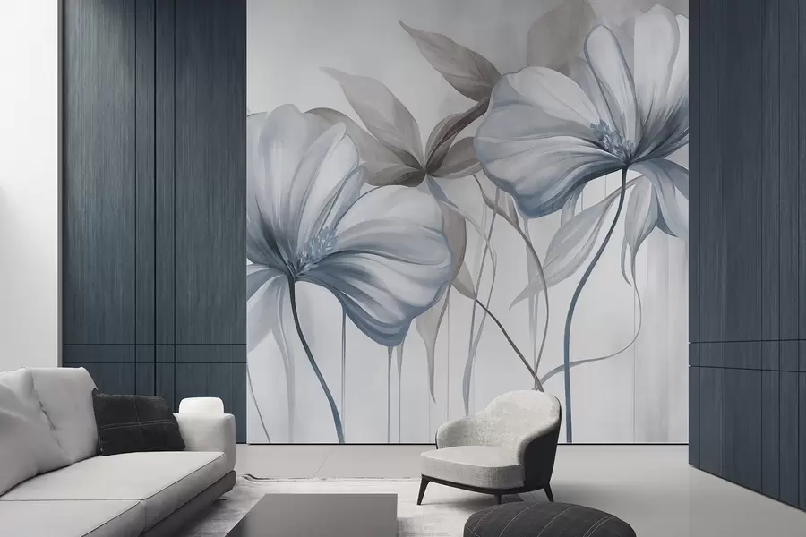 wall murals Апстрактни нежни цветови са танким, плавим стабљикама и пригушеним листовима, текстурирани w10058v1