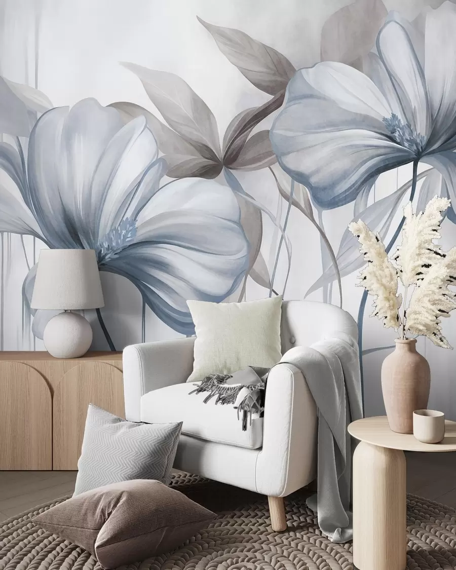wall murals Апстрактни нежни цветови са танким, плавим стабљикама и пригушеним листовима, текстурирани w10058v1