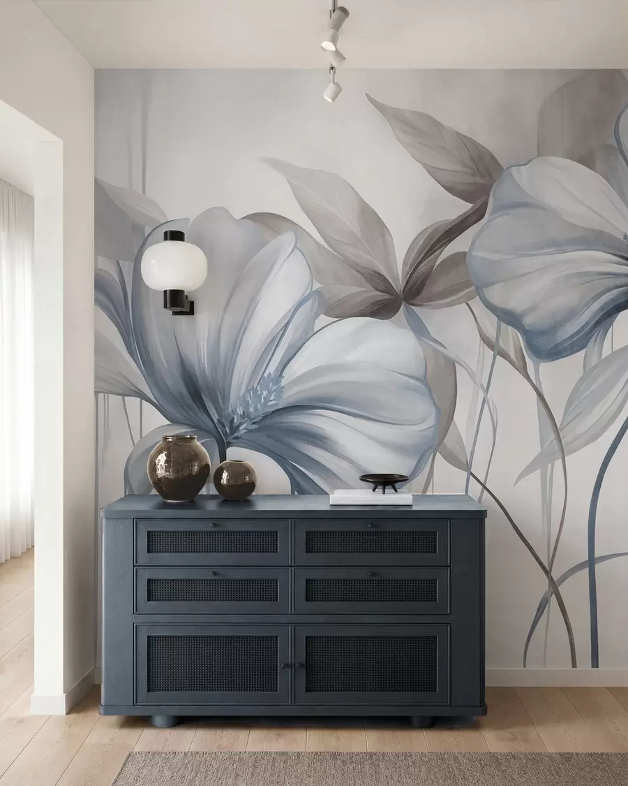 wall murals Апстрактни нежни цветови са танким, плавим стабљикама и пригушеним листовима, текстурирани w10058v1