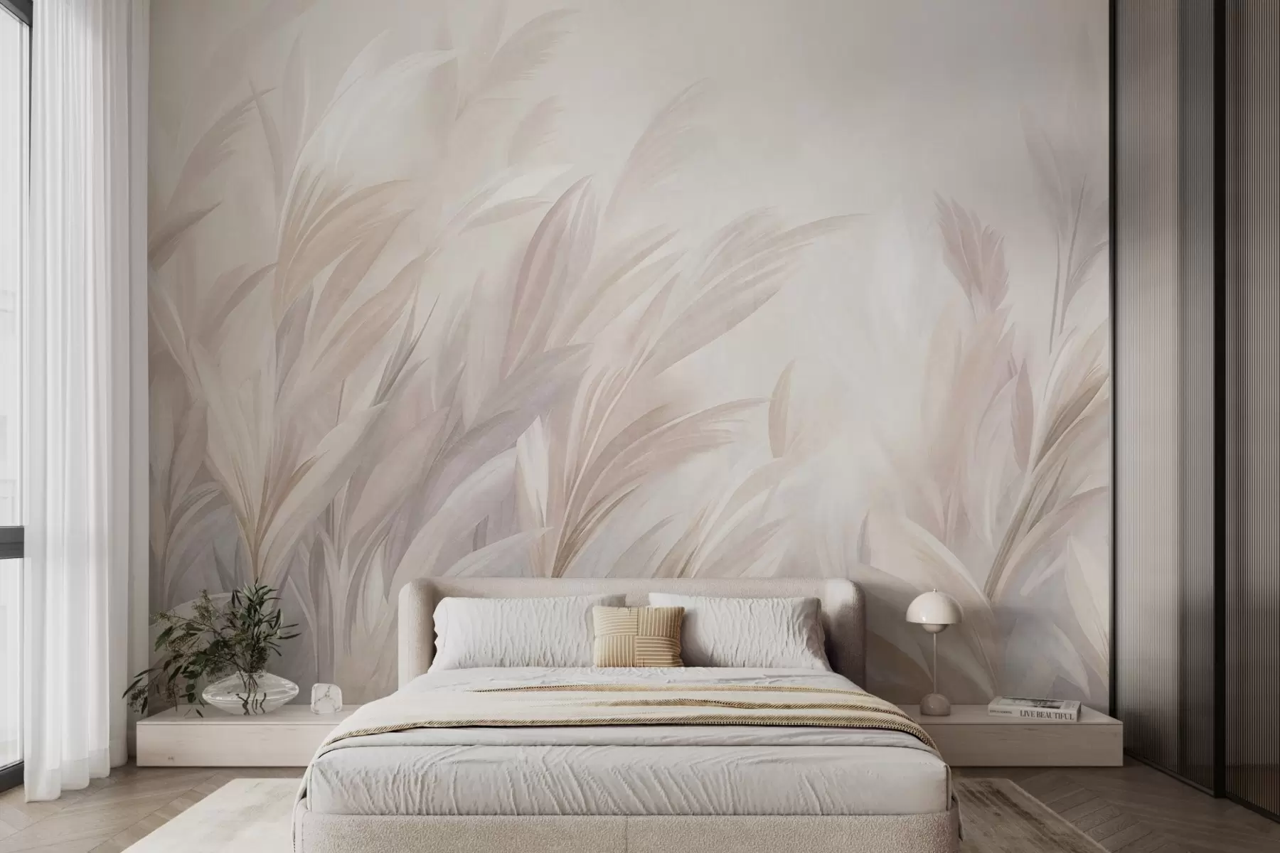 wall murals Висока, перната трава у меким пастелним бојама, са светлом текстурираном позадином w10060