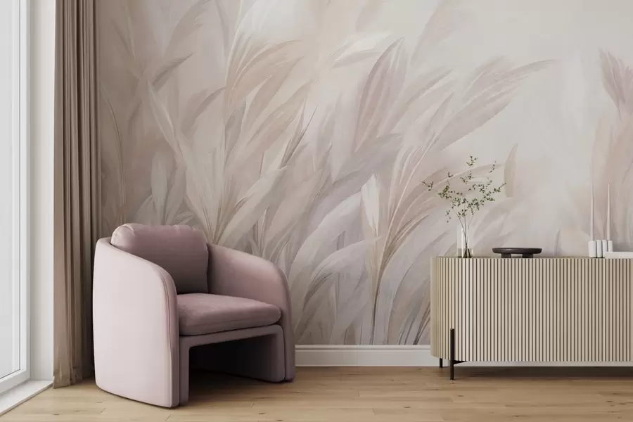 wall murals Висока, перната трава у меким пастелним бојама, са светлом текстурираном позадином w10060