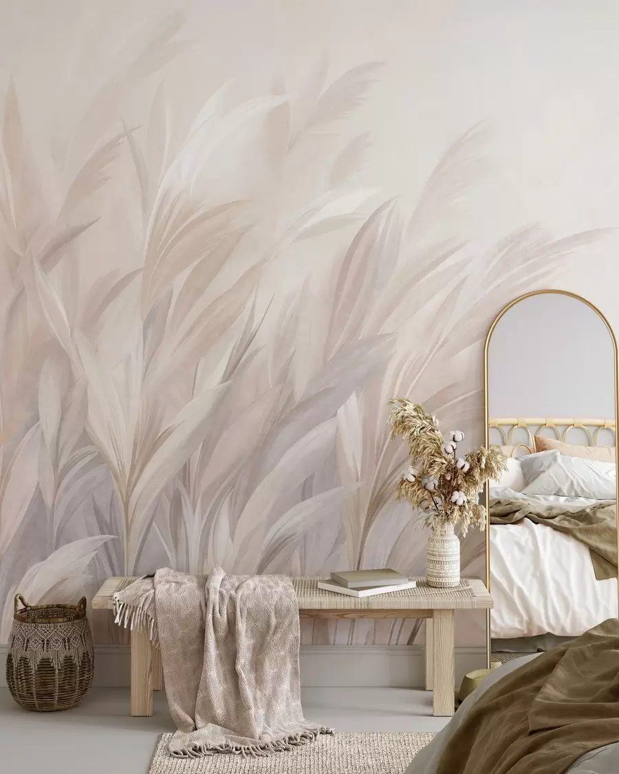 wall murals Висока, перната трава у меким пастелним бојама, са светлом текстурираном позадином w10060