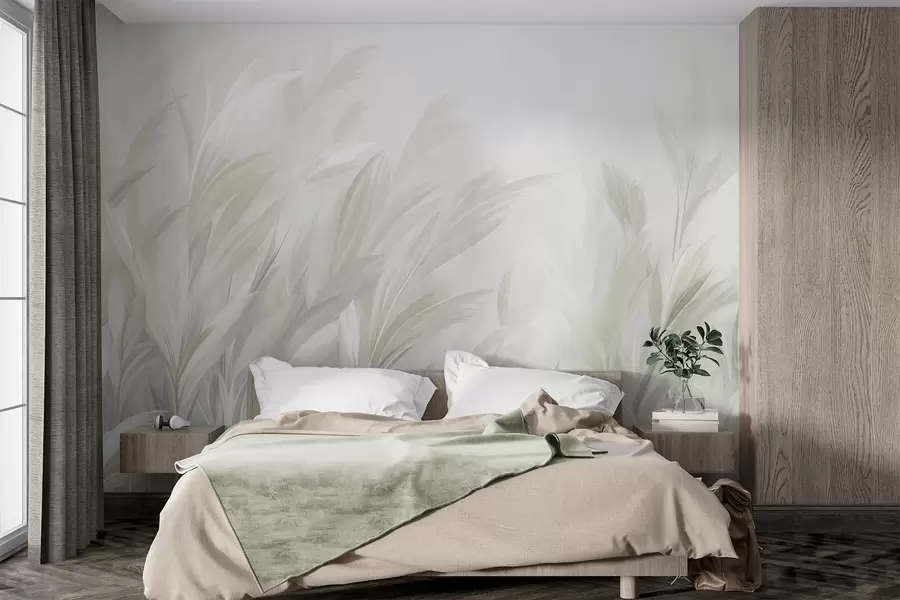 wall murals Висока, перната трава у меким пастелно зеленим бојама, са светлом текстурираном позадином w10060v1