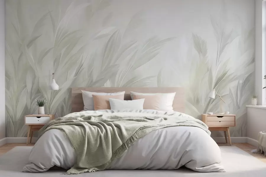 wall murals Висока, перната трава у меким пастелно зеленим бојама, са светлом текстурираном позадином w10060v1