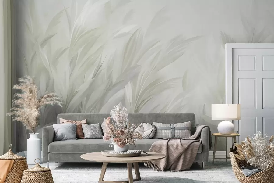 wall murals Висока, перната трава у меким пастелно зеленим бојама, са светлом текстурираном позадином w10060v1