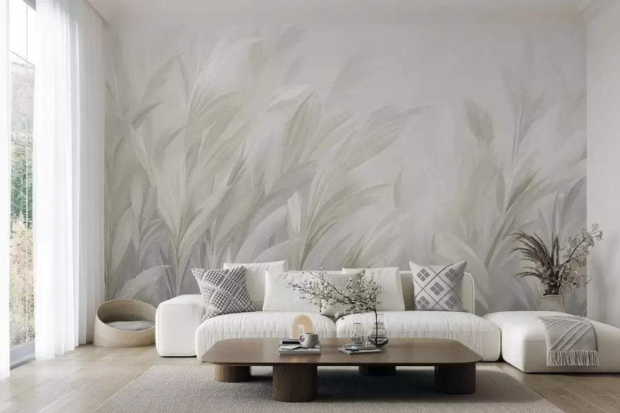 wall murals Висока, перната трава у меким пастелно зеленим бојама, са светлом текстурираном позадином w10060v1