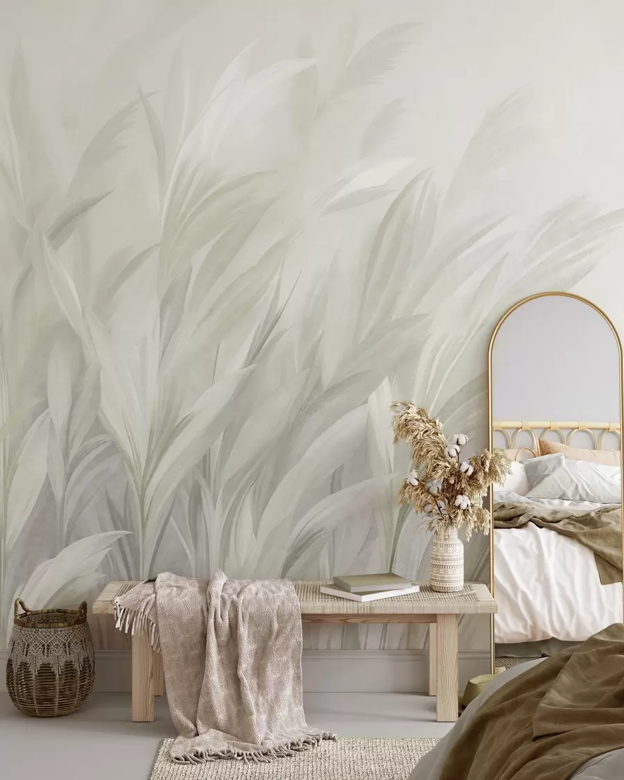 wall murals Висока, перната трава у меким пастелно зеленим бојама, са светлом текстурираном позадином w10060v1