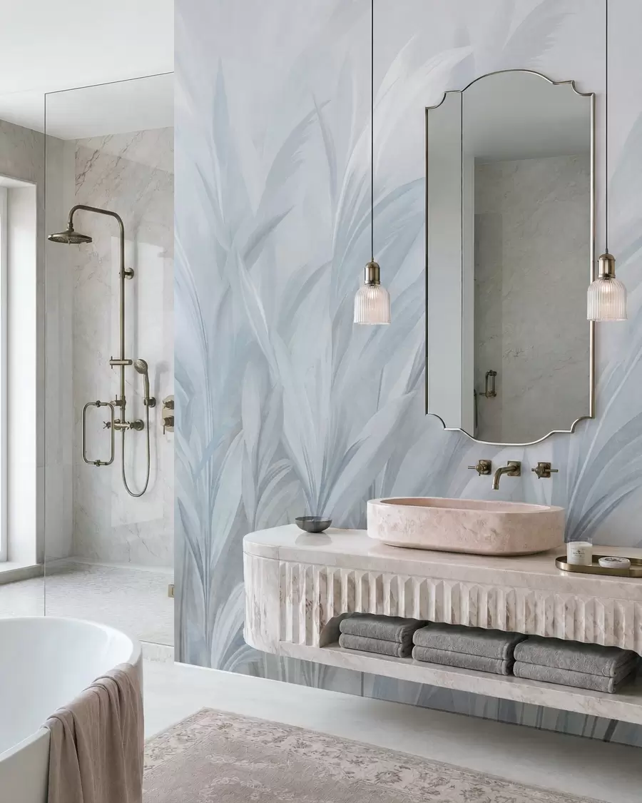 wall murals Висока, перната трава у меким пастелним плавим бојама, са светлом текстурираном позадином w10060v2