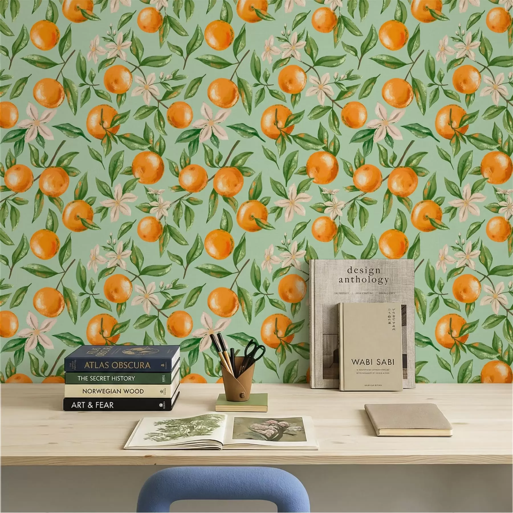 wall murals Поморанџе, зелено лишће и бело цвеће на позадини менте a01262