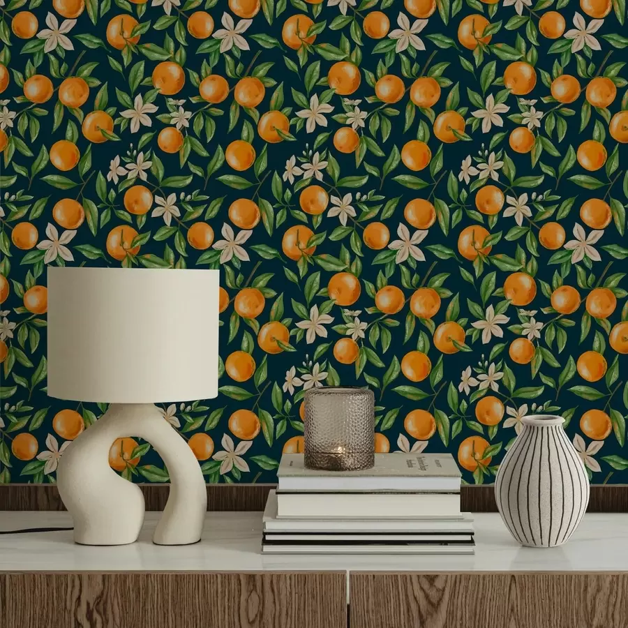 wall murals Поморанџе, зелено лишће и бело цвеће на тамној позадини a01262v3