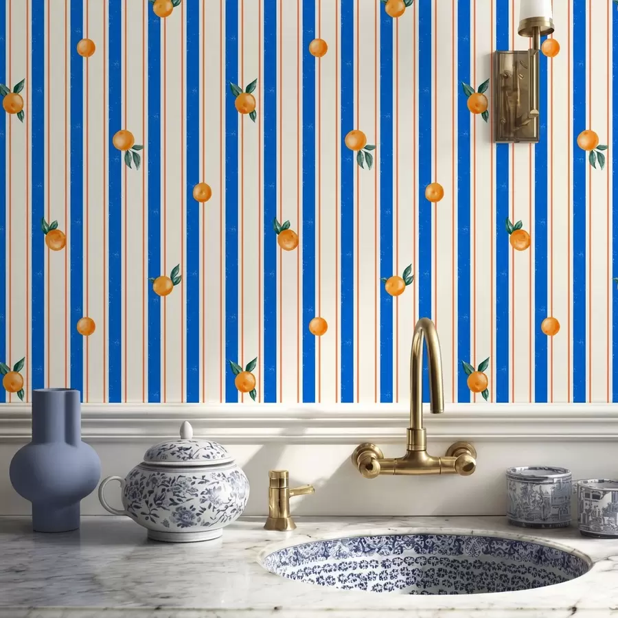 wall murals Наранџасто воће на плавим и кремастим пругама a01263
