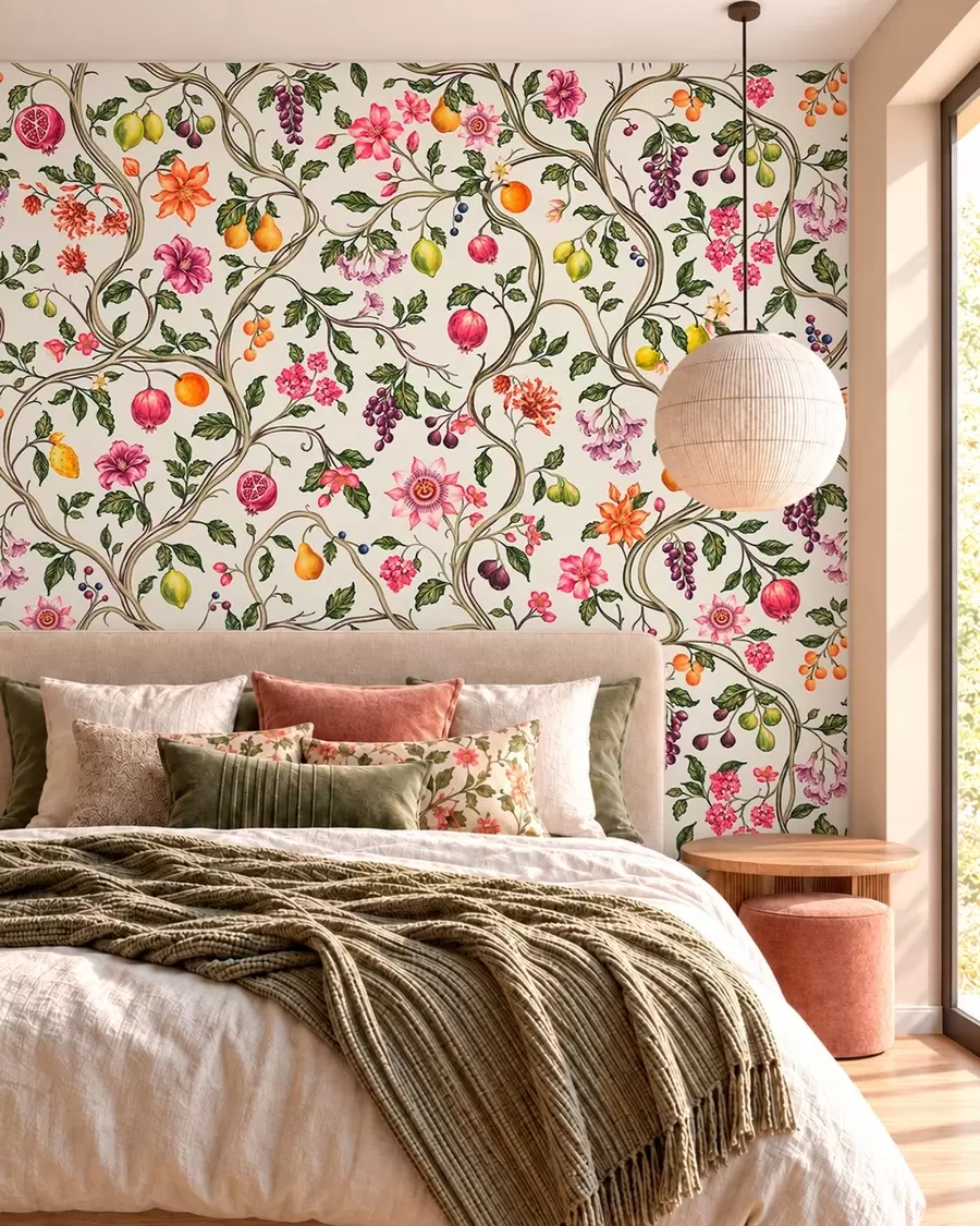 wall murals Увијене гране са цвећем, плодовима и зеленим листовима w05862