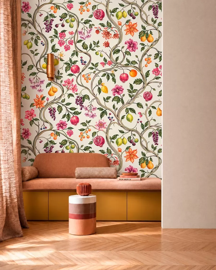 wall murals Увијене гране са цвећем, плодовима и зеленим листовима w05862