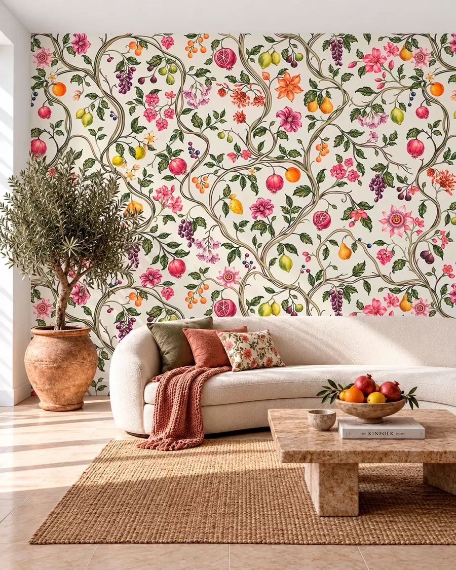 wall murals Увијене гране са цвећем, плодовима и зеленим листовима w05862