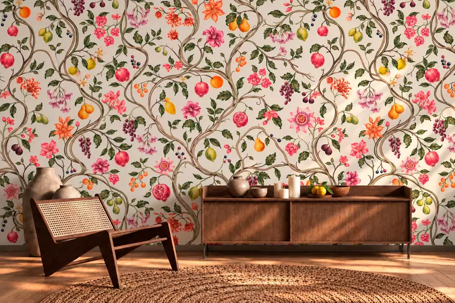 wall murals Увијене гране са цвећем, плодовима и зеленим листовима w05862