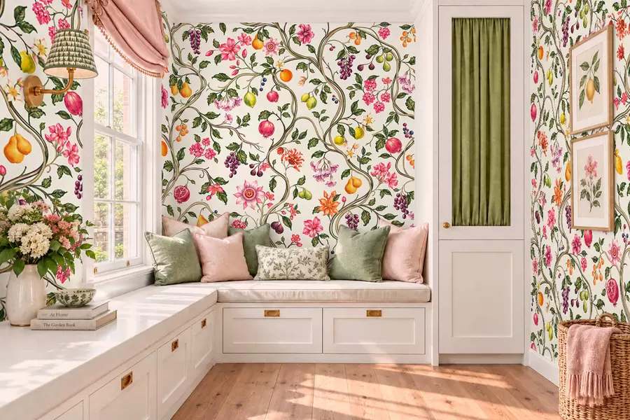 wall murals Увијене гране са цвећем, плодовима и зеленим листовима w05862