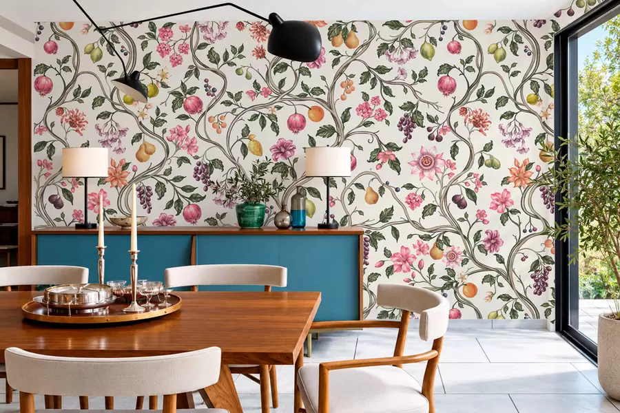 wall murals Цветни и воћни узорак са увијеним гранама w05862v1