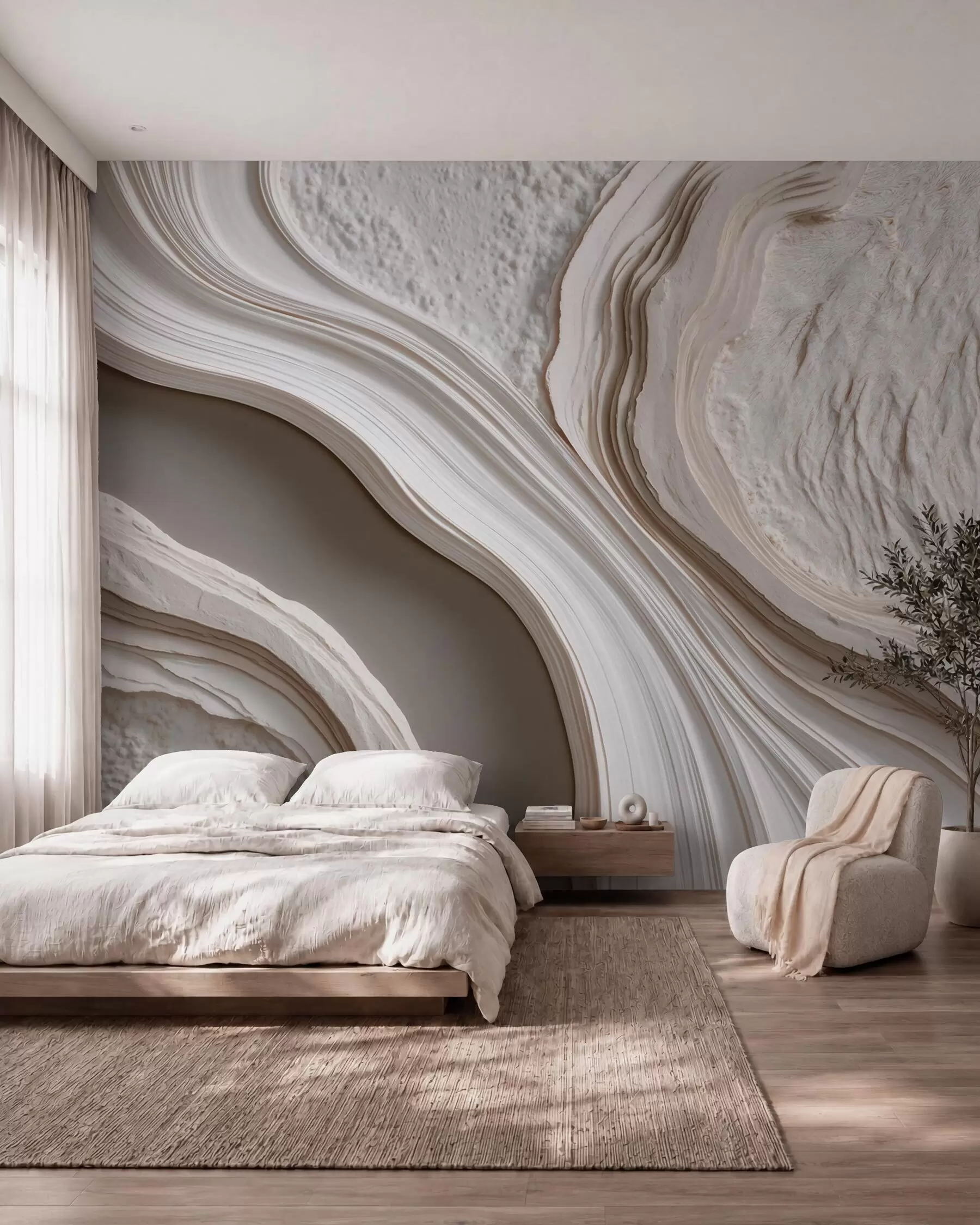 wall murals Имитација валовитог текстурираног малтера у кремасто-беж тоновима са 3Д ефектом w10042