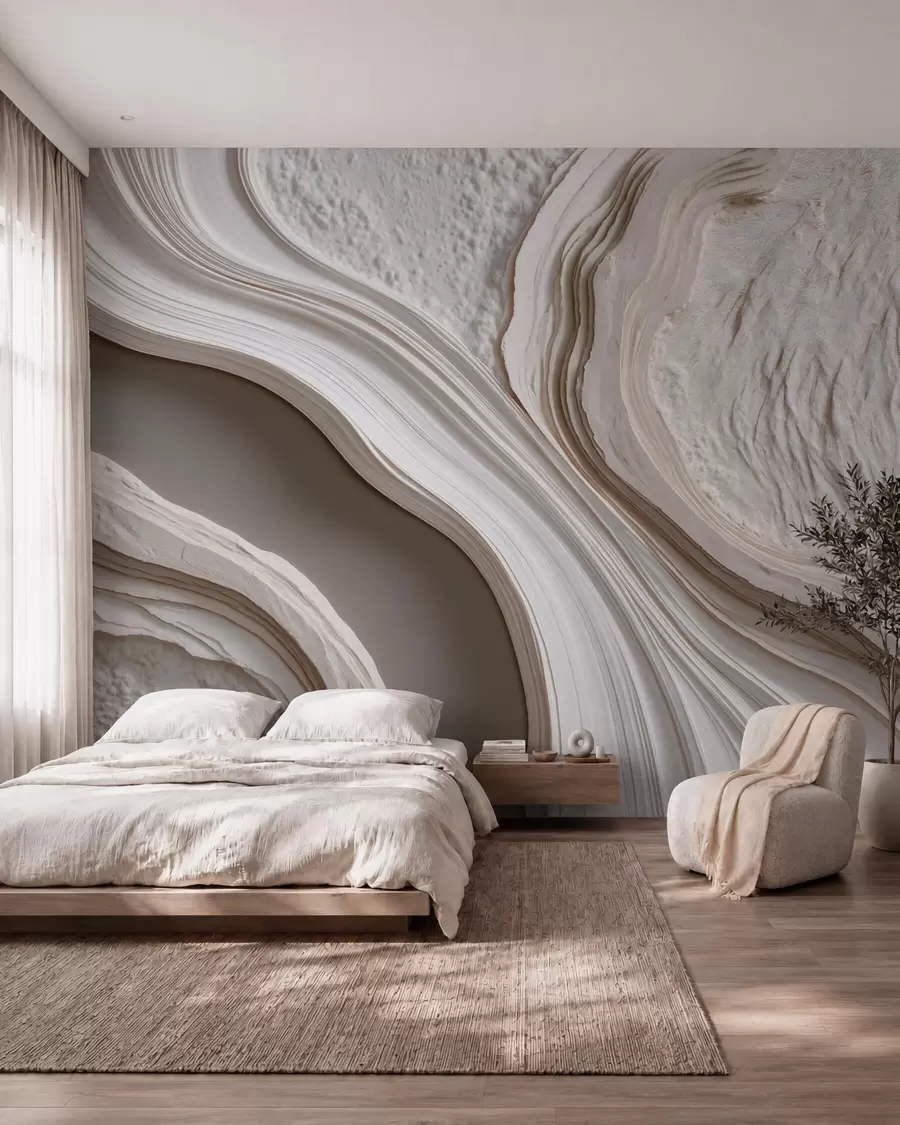 wall murals Имитација валовитог текстурираног малтера у кремасто-беж тоновима са 3Д ефектом w10042