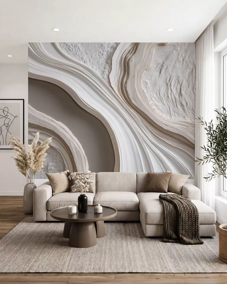 wall murals Имитација валовитог текстурираног малтера у кремасто-беж тоновима са 3Д ефектом w10042