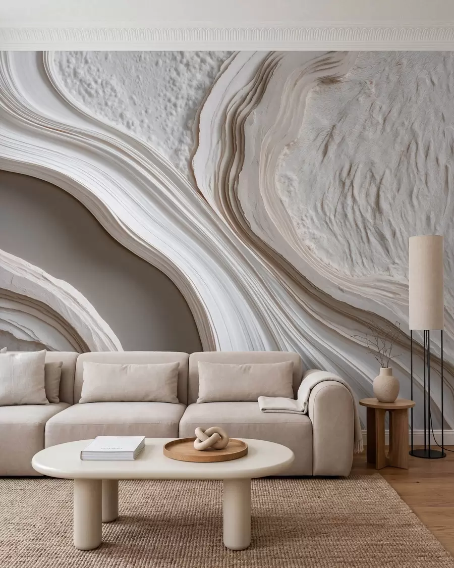 wall murals Имитација валовитог текстурираног малтера у кремасто-беж тоновима са 3Д ефектом w10042