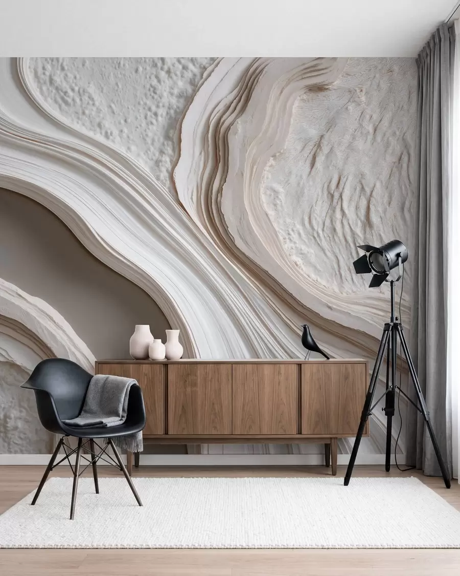 wall murals Имитација валовитог текстурираног малтера у кремасто-беж тоновима са 3Д ефектом w10042