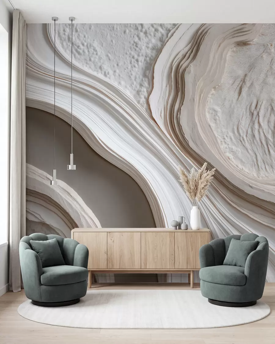 wall murals Имитација валовитог текстурираног малтера у кремасто-беж тоновима са 3Д ефектом w10042