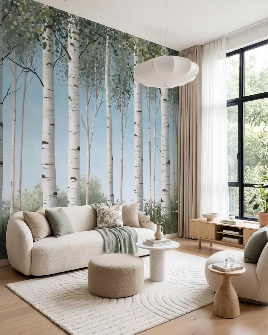 wall murals Брезов гај са белим стаблима насупрот плавом небу, акварел стил w10047