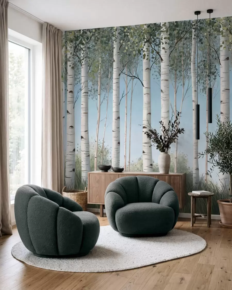 wall murals Брезов гај са белим стаблима насупрот плавом небу, акварел стил w10047