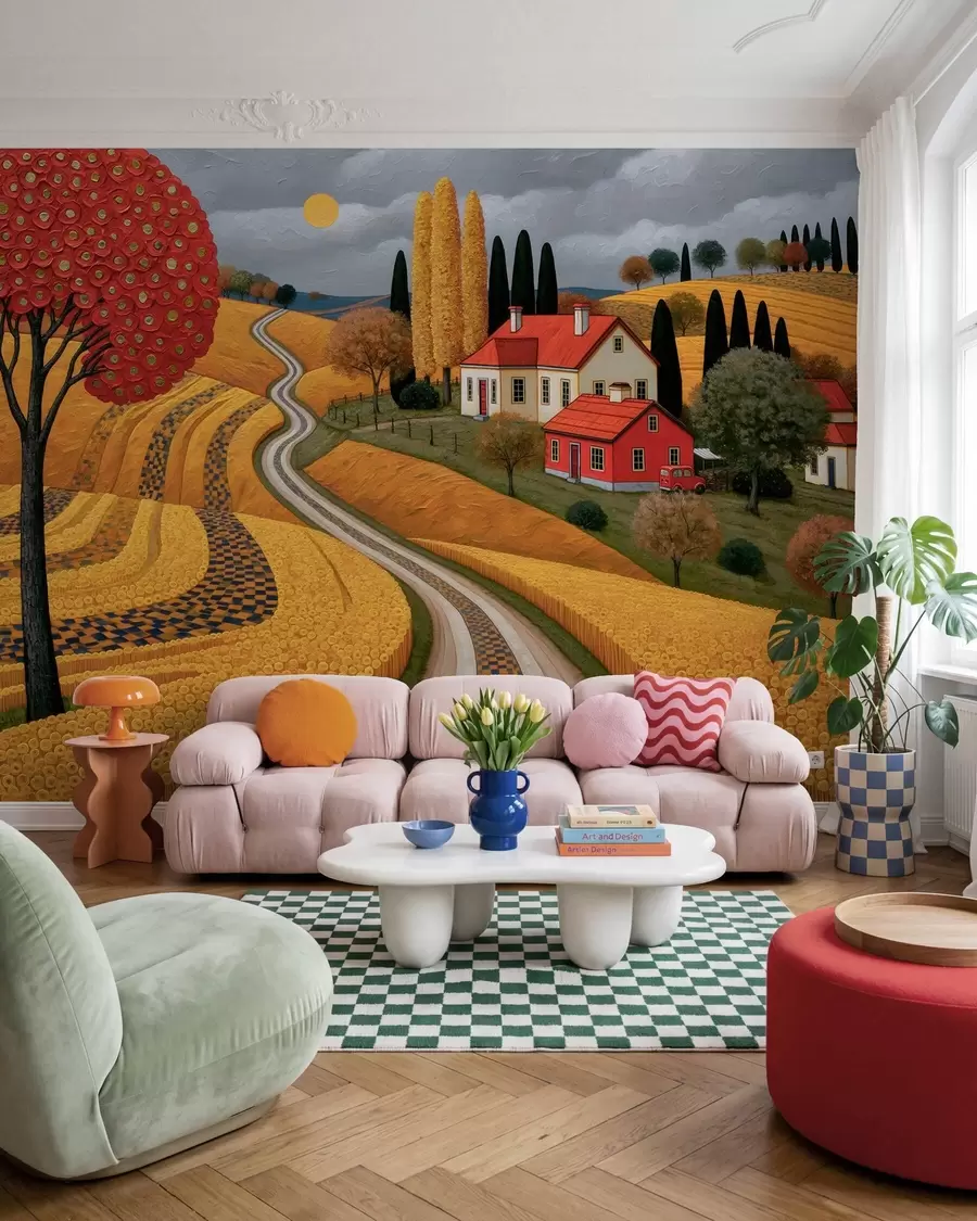 wall murals Имитација сликовитог тосканског пејзажа уљаним сликарским потезима, са црвеним дрветом, кривудавим путем и сеоском кућом w10049
