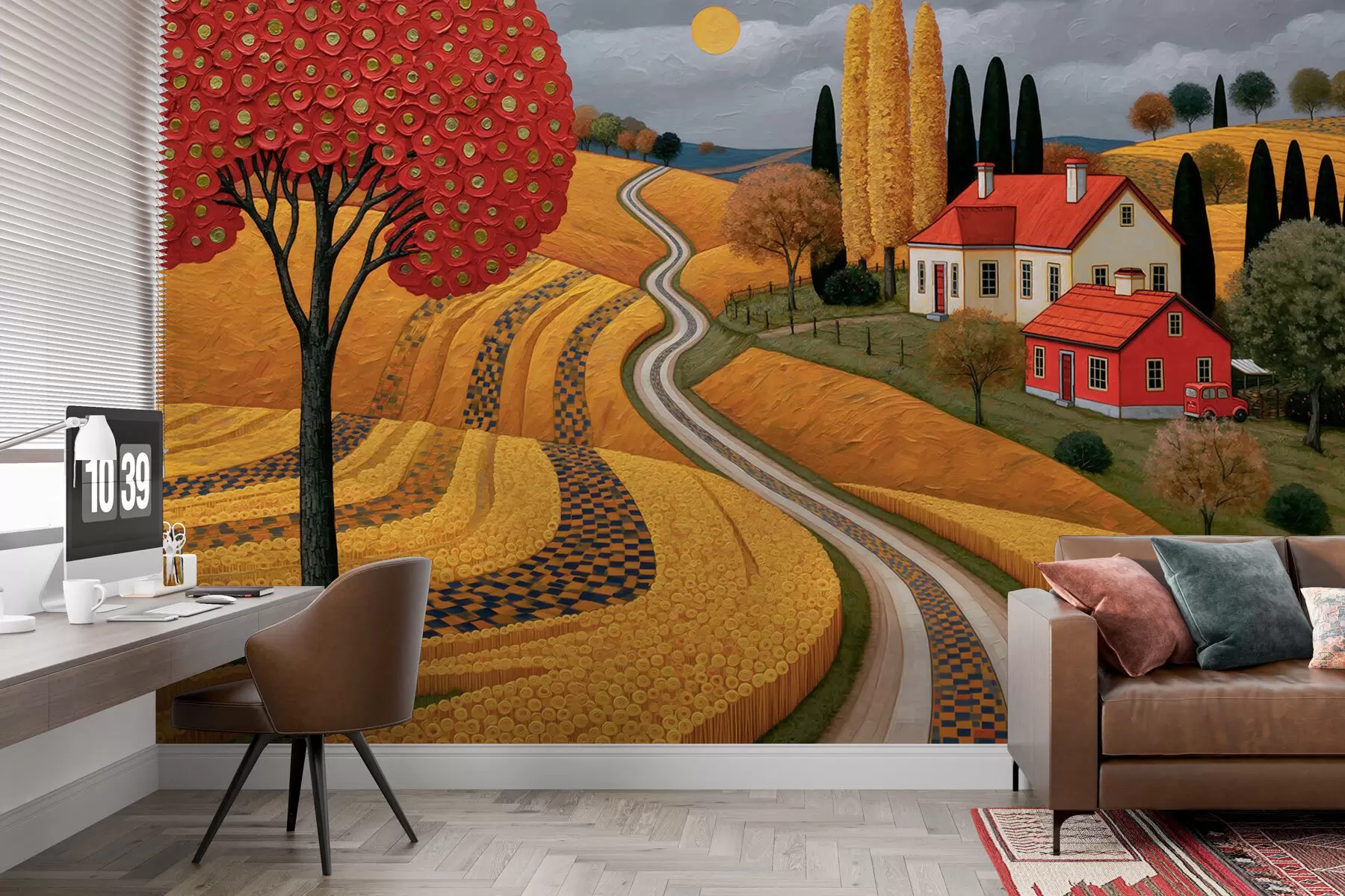 wall murals Имитација сликовитог тосканског пејзажа уљаним сликарским потезима, са црвеним дрветом, кривудавим путем и сеоском кућом w10049