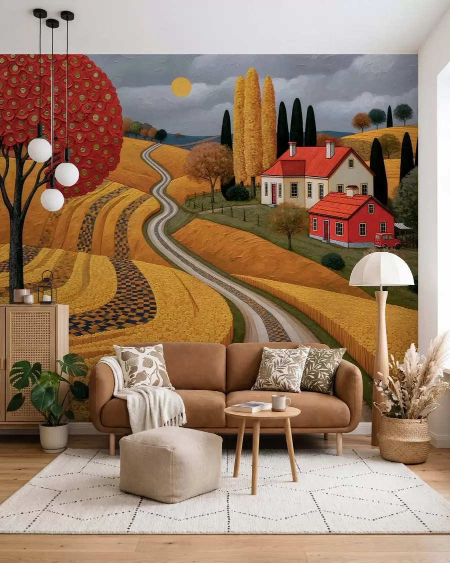 wall murals Имитација сликовитог тосканског пејзажа уљаним сликарским потезима, са црвеним дрветом, кривудавим путем и сеоском кућом w10049