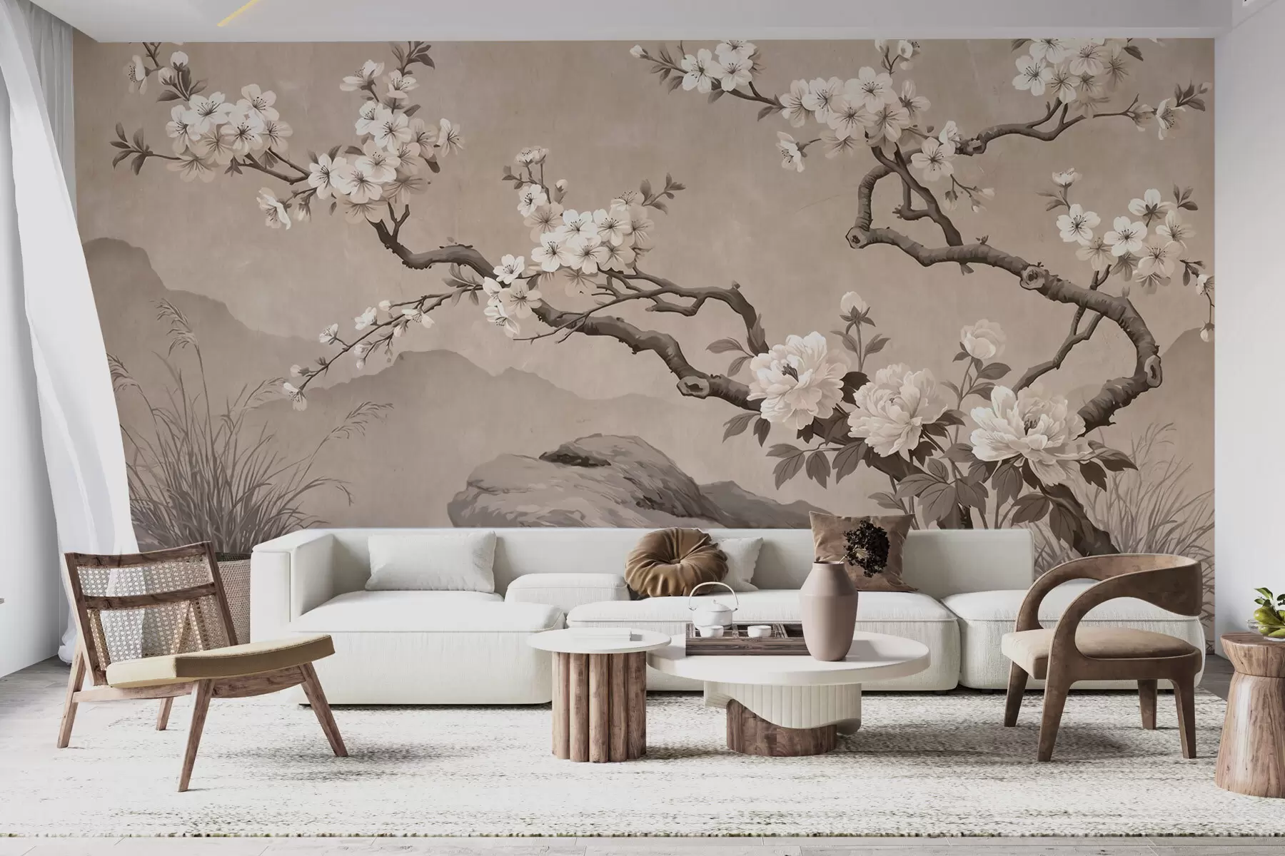 wall murals Грана цветајуће трешње преко стена у светлим беж тоновима, оријентални стил сликања w10052