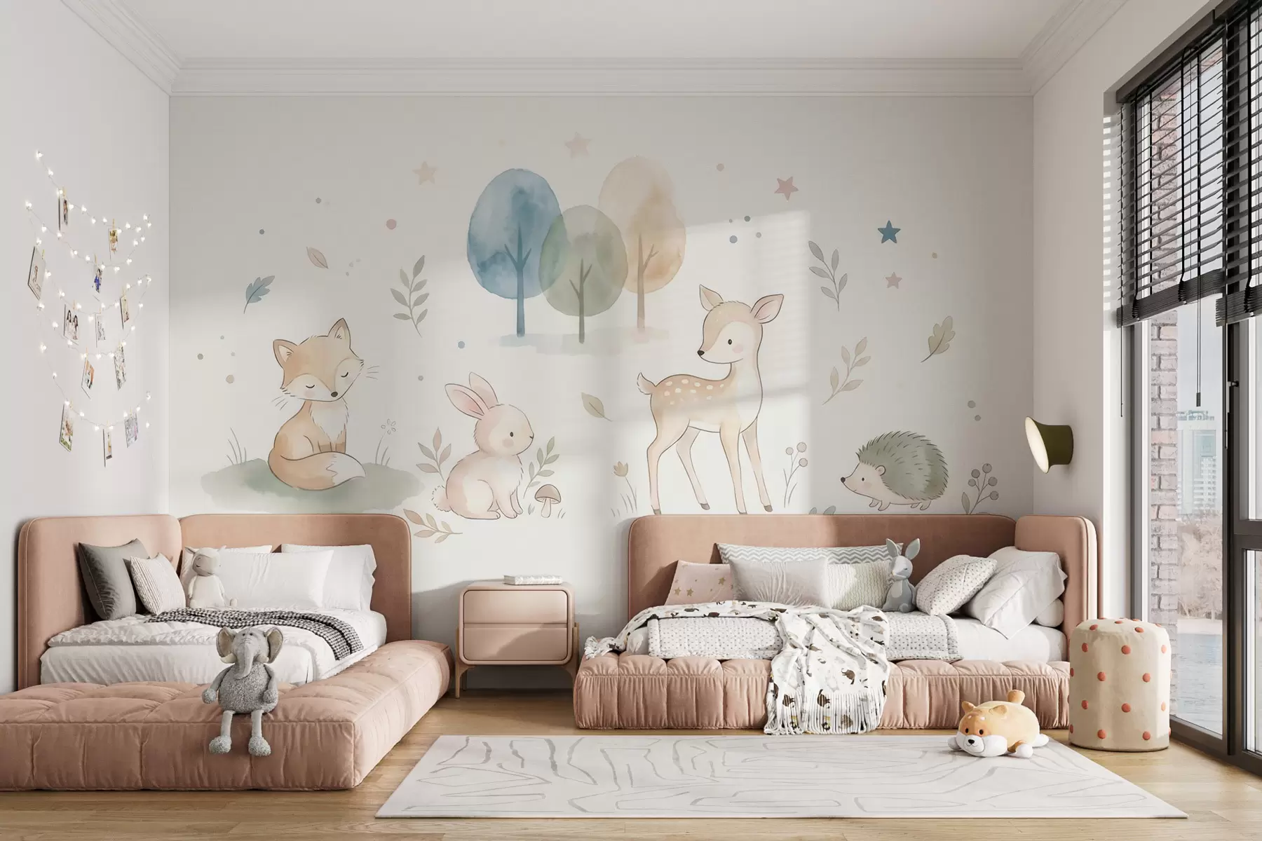 wall murals Шумске животиње: лисица, зека, јеленче, јеж у акварел стилу w10068