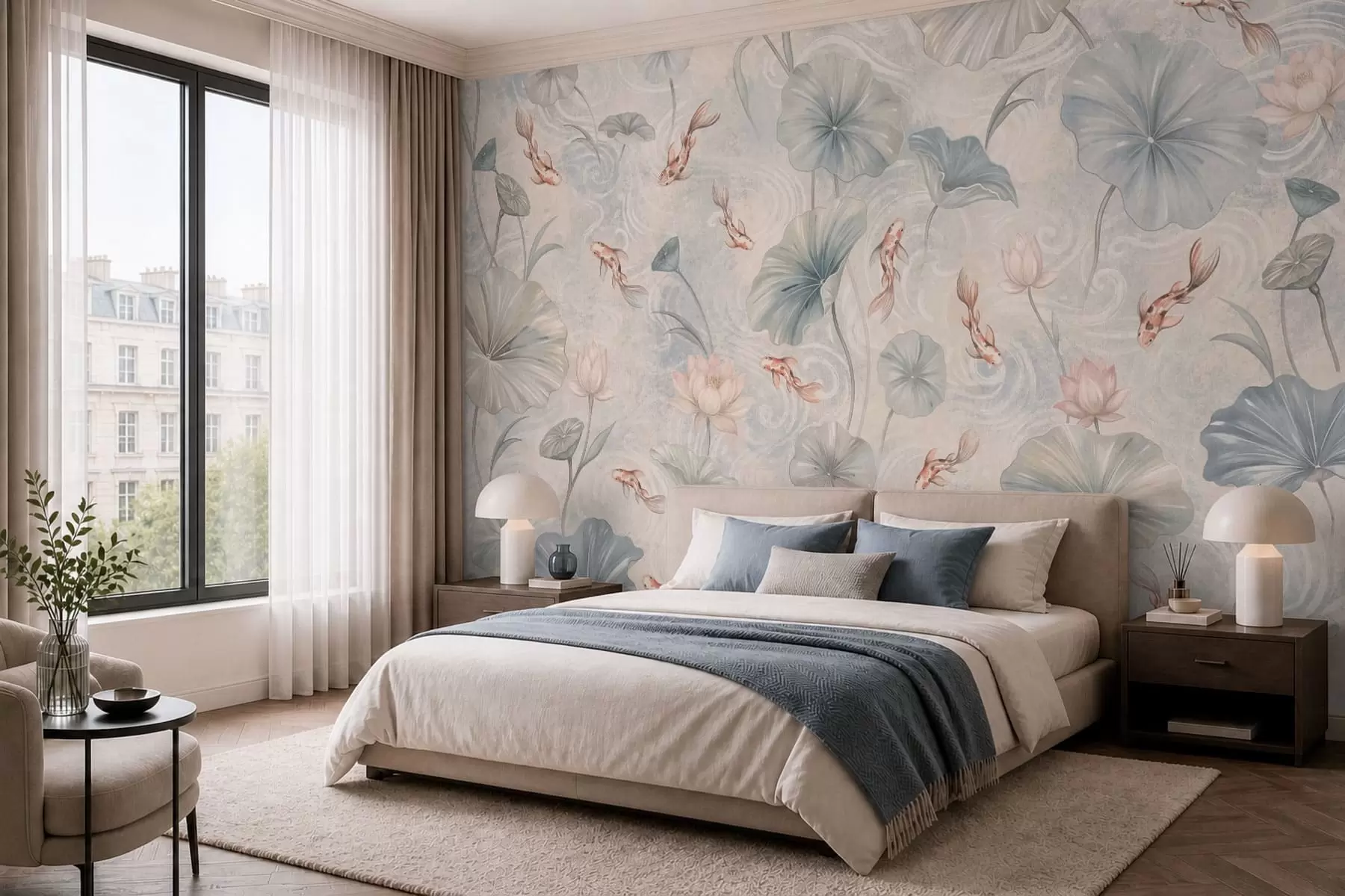 wall murals Кои рибе међу лишћем и ружичастим цвећем на бледој позадини w05807