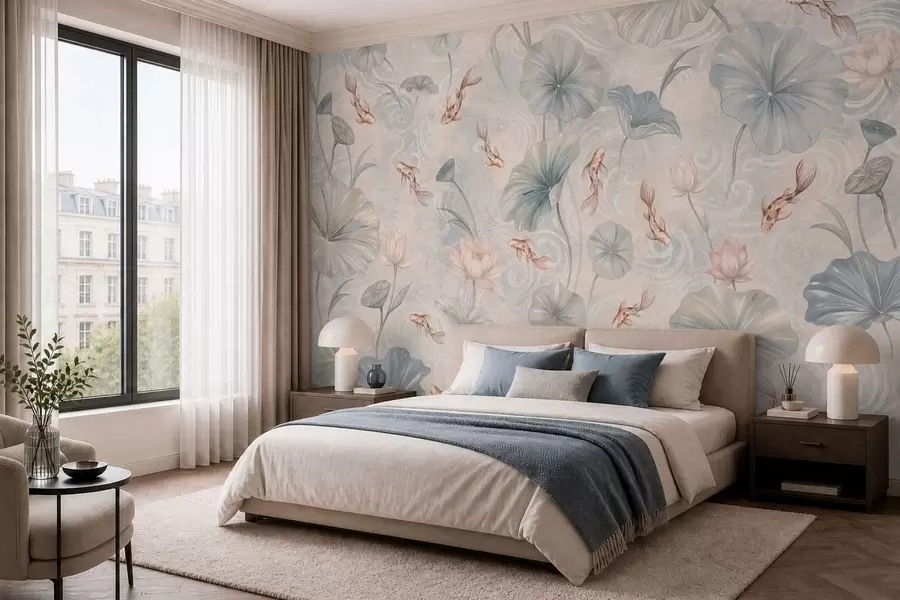 wall murals Кои рибе међу лишћем и ружичастим цвећем на бледој позадини w05807