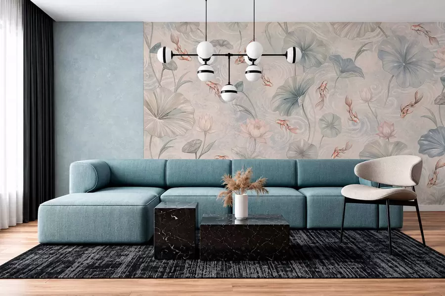 wall murals Кои рибе међу лишћем и ружичастим цвећем на бледој позадини w05807