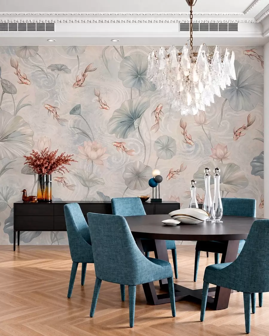 wall murals Кои рибе међу лишћем и ружичастим цвећем на бледој позадини w05807