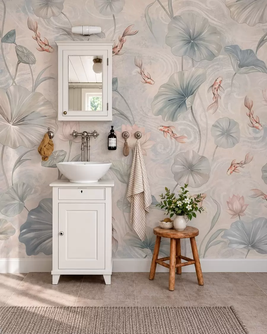wall murals Кои рибе међу лишћем и ружичастим цвећем на бледој позадини w05807