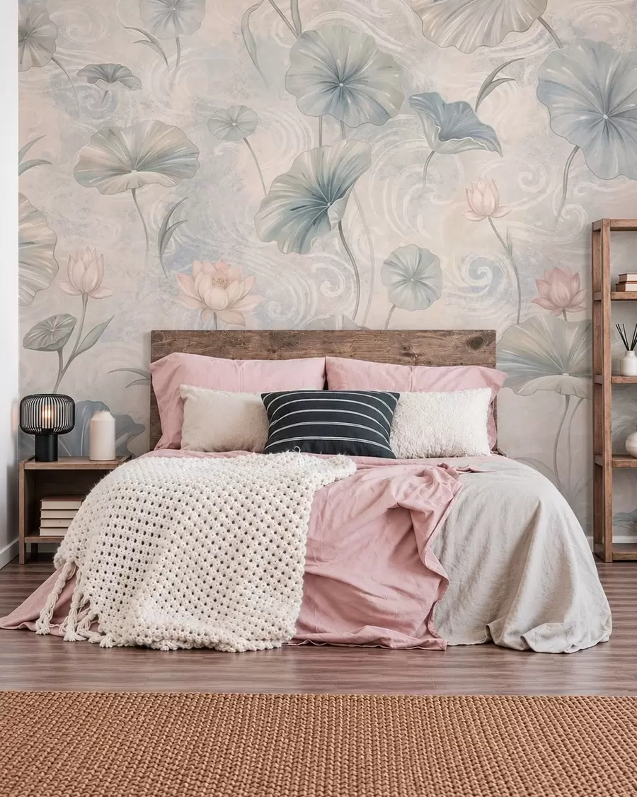 wall murals Велики листови и ружичасти цветови на бледој позадини w05808