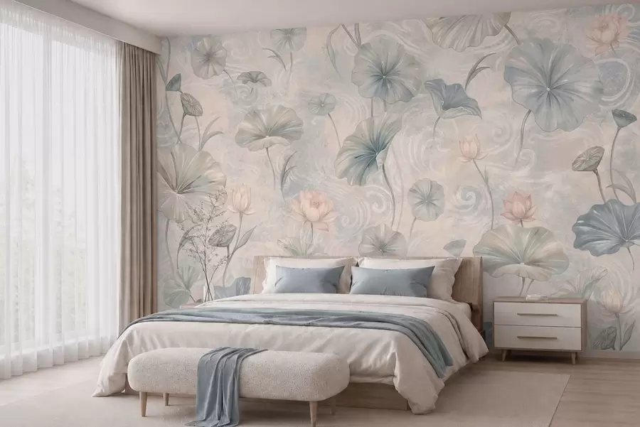 wall murals Велики листови и ружичасти цветови на бледој позадини w05808
