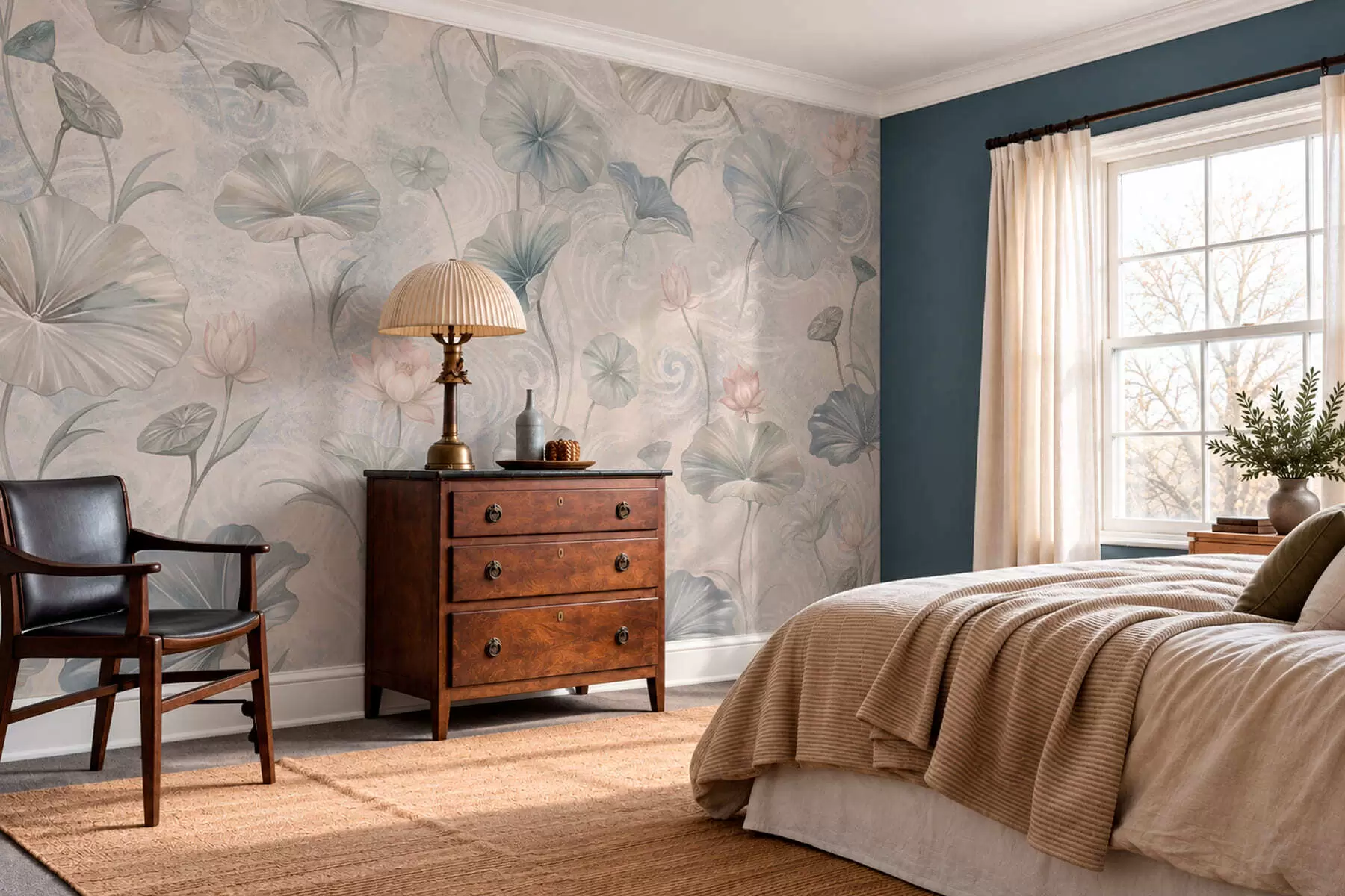 wall murals Велики листови и ружичасти цветови на бледој позадини w05808